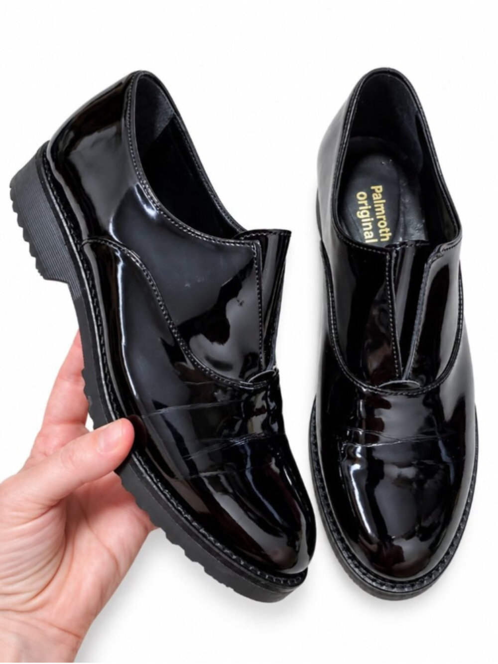 PALMROTH ORIGINAL Patent Leather Loafers Oxfords Black Sz 9.5 Slip-On Lug Sole